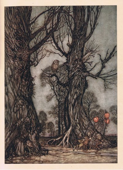 Linkmen in front carrying winter cherries by Arthur Rackham